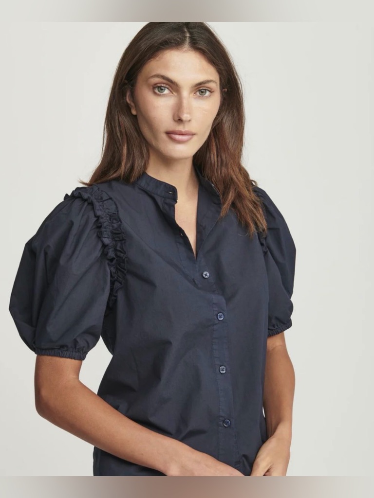 Navy Puff-Sleeve Poplin Cotton Button Front Top By Sundays